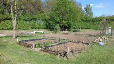 Dieses Bild zeigt einen Garten mit Hochbeeten, umgeben von geflochtenen Holzzäunen, Bäumen, grünem Gras und einer üppigen Hecke unter einem strahlend blauen Himmel.