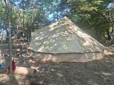In einem schattigen Waldstück ist ein großes beiges Glockenzelt aufgebaut. Das Sonnenlicht fällt durch die Bäume und wirft Schatten auf die Zeltplane.