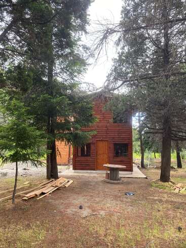 Una acogedora cabaña de madera rodeada de altos árboles en un tranquilo entorno forestal. Los materiales de construcción y una mesa redonda de madera se encuentran en el patio delantero.