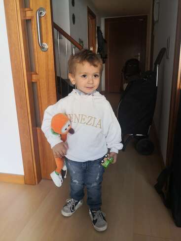 The image depicts a young boy standing in a hallway, holding a stuffed animal and a toy car, wearing a white hoodie with gold lettering and blue jeans.