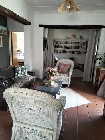 A cozy living room features wicker and leather chairs, a small table with flowers, bookshelves, a sleeping dog, earthy tones, and decorative, natural lighting elements.