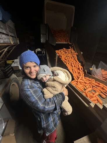 Une personne souriante, coiffée d'un chapeau bleu et vêtue d'une veste à carreaux, tient un bébé emmitouflé, à côté d'un tapis roulant rempli de carottes fraîchement récoltées.