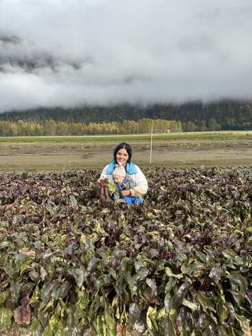 Une femme tenant un bébé se tient dans un champ de betteraves luxuriant, entouré de plantes vertes, avec des montagnes brumeuses et des arbres d'automne en arrière-plan sous un ciel nuageux.