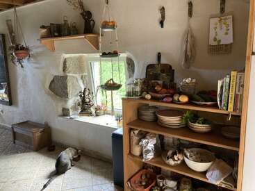 Un coin cuisine rustique et confortable avec des murs en pierre, une étagère en bois où sont rangés la vaisselle et les produits frais, une fenêtre avec des plantes, des fruits suspendus et un chat qui mange en dessous.