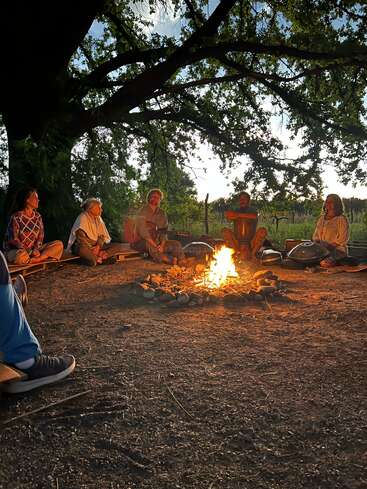 Un grupo de personas se sienta en círculo alrededor de una hoguera bajo un gran árbol, compartiendo música, conversación y calor en un tranquilo entorno al aire libre.