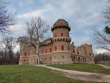Eine Steinburg im mittelalterlichen Stil mit roten Fensterläden steht inmitten von blattlosen Bäumen und Gras unter einem bewölkten Himmel. Der Weg führt zu dem beeindruckenden runden Turm.
