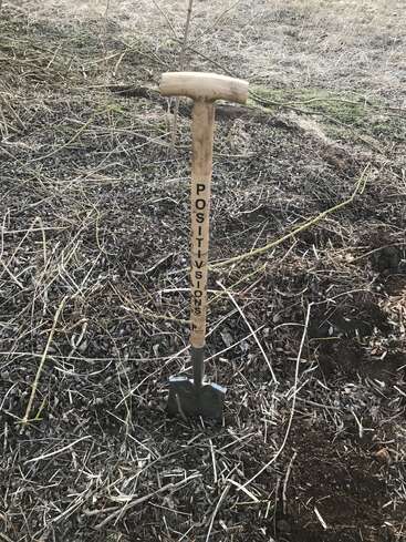 A shovel with a wooden handle labeled "POSITIVISIONS" stands upright in dry, brownish soil amid scattered twigs and grass in an outdoor natural setting.