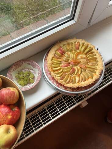 On a windowsill, an apple tart sits beside a bowl of apples and a decorative plate with green grapes. Outside, raindrops are visible on the window.