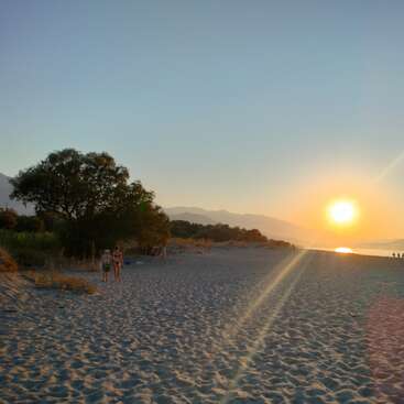 Cette image montre une plage sereine au coucher du soleil. Le soleil est bas, projetant une lumière dorée, avec quelques arbres, des montagnes lointaines et des gens qui profitent de la scène.
