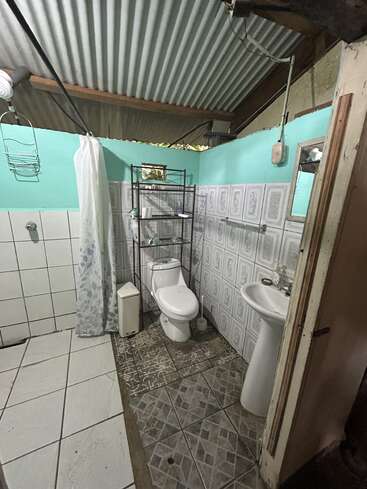 Dieses Badezimmer hat ein Wellblechdach, türkisfarbene Wände, weiße Fliesen, einen Duschbereich mit Vorhang, eine Toilette, ein Waschbecken, einen Spiegel und ein schwarzes Metallregal.