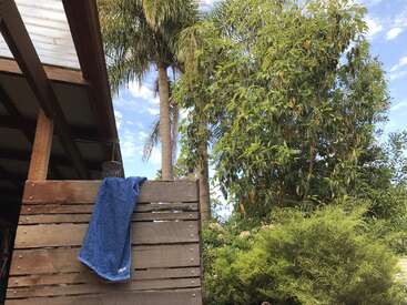 A blue towel hangs on a wooden fence near a rustic house. Lush green trees, including palms, fill the peaceful outdoor garden under a partly cloudy sky.