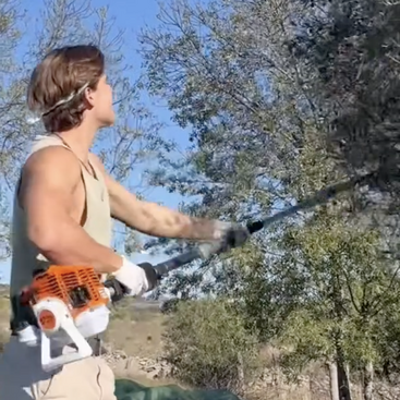 Una persona con camisa sin mangas y guantes está utilizando una herramienta motorizada para podar o cortar ramas de un árbol al aire libre con el cielo despejado.