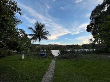 L'image représente un paysage serein avec une pelouse, un palmier et une étendue d'eau, le tout sur fond de ciel bleu avec des nuages ondulants.