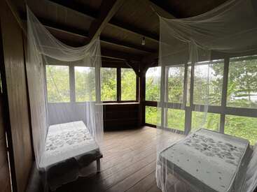 L'image représente une chambre sereine avec deux lits, chacun orné d'une moustiquaire, située sur un plancher en bois et entourée de fenêtres offrant une vue sur la verdure luxuriante à l'extérieur.