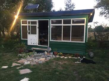 A small green cabin with large windows and a solar panel sits in a grassy yard, surrounded by plants. A black and white dog lies nearby.