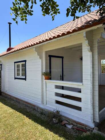 A charming white wooden house with a red-tiled roof, small porch, and blue-trimmed windows. Potted plants decorate the entrance; green grass and tree shade surround.