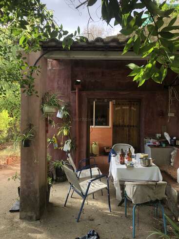 Un porche rústico con plantas en macetas, una mesa preparada para comer, tres sillas y varias botellas. Rodeado de vegetación, creando un ambiente acogedor y tranquilo.