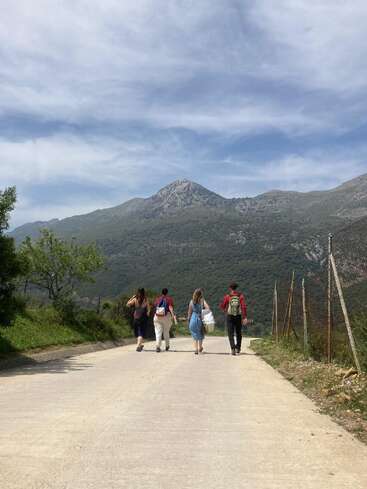 Four people walk along a quiet, sunny road toward tall green mountains under a cloudy blue sky, surrounded by nature, trees, and distant wire fences.