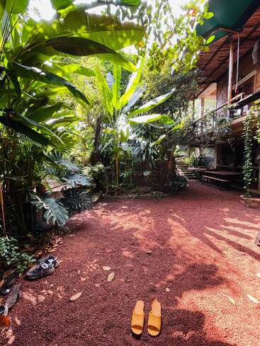 Un jardin ensoleillé avec des plantes tropicales verdoyantes, un sol en gravier rouge, des sandales éparpillées et un bâtiment confortable sur la droite, créant une atmosphère paisible et accueillante.