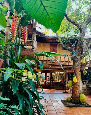 Une maison rustique en bois avec des murs en bambou, de grandes feuilles vertes, des plantes tropicales, des fleurs éclatantes, un jacquier suspendu à un arbre et une cour carrelée sous la lumière naturelle du soleil.