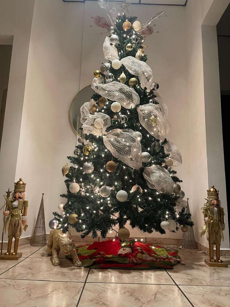 A beautifully decorated Christmas tree with gold and silver ornaments, white mesh ribbon, two gold nutcracker figures, a gold animal, and festive red tree skirt.