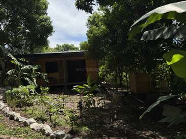 Une petite maison en bois est entourée d'une végétation tropicale luxuriante et d'arbres. Un jardin avec diverses plantes se trouve au premier plan, sous un ciel partiellement nuageux.