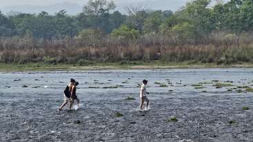 Three people walk across a muddy, shallow riverbed with scattered vegetation. Dense green forest and dry grass line the background, evoking a sense of exploration and adventure.