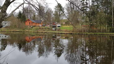 A calm pond reflects wooden cabins, trees, and a grassy yard. Overcast sky and bare branches create a peaceful, rural countryside scene, full of natural tranquility.