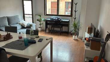 This image shows a tidy living room with a gray sofa, indoor plants, digital piano, guitar, white dining table, chessboard, and large windows providing natural light.