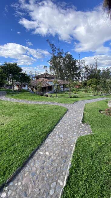Un sendero de adoquines se abre paso entre la exuberante hierba verde y conduce a una casa rústica rodeada de árboles, bajo un cielo azul brillante salpicado de nubes.