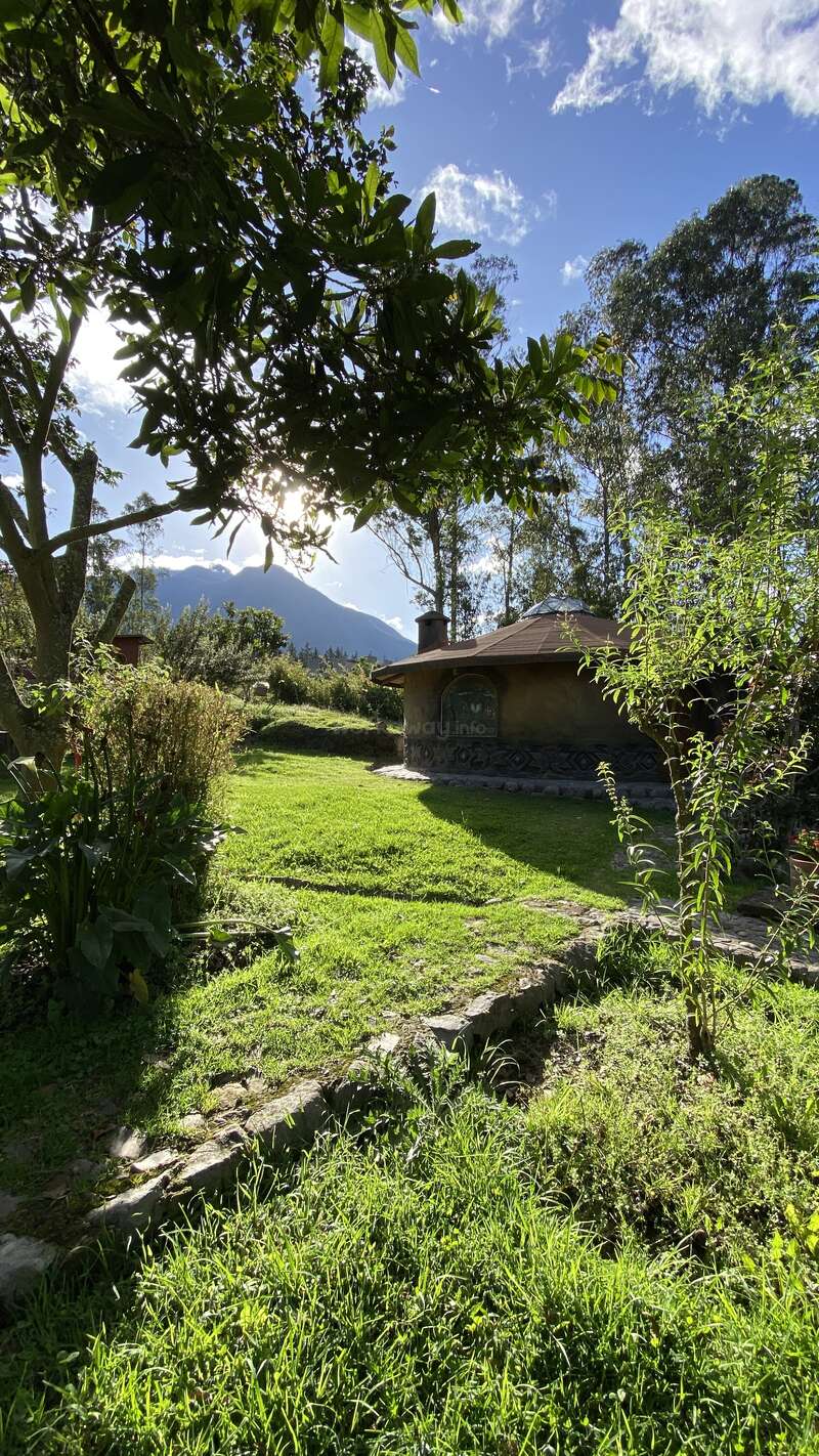 Una acogedora casa redonda se alza en medio de un frondoso jardín verde. Árboles y arbustos rodean la zona, con las montañas y un cielo azul como telón de fondo.