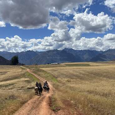 The image depicts a group of people riding horses on a dirt path in a field, with mountains in the background and a cloudy sky.