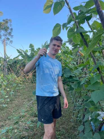 Un joven con camisa azul claro y pantalones cortos negros está de pie en un jardín verde, sonriendo y sosteniendo judías recién recogidas, bajo un cielo azul despejado.