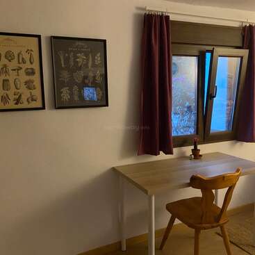 A simple workspace features a wooden desk, a wooden chair, two framed botanical posters, an open window with purple curtains, and a small potted cactus.