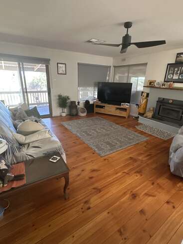 This cozy living room features wooden floors, a gray rug, large TV, ceiling fan, fireplace, couch, coffee table, indoor plants, and large windows with blinds.