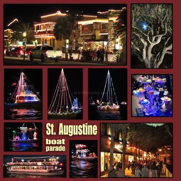 The image depicts a vibrant collage of the St. Augustine Boat Parade, showcasing festive boats and illuminated cityscapes, set against a dark background with a red border.