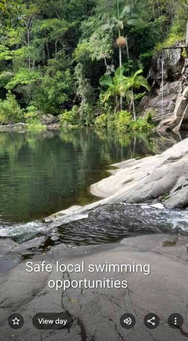 A tranquil natural swimming hole surrounded by lush green forest and rocky edges offers a serene spot for safe local swimming opportunities in a beautiful, peaceful environment.
