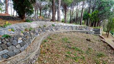 The image shows a stone amphitheater in a forest, surrounded by tall trees. The stone benches create curved seating, with steps leading up. Nature dominates.