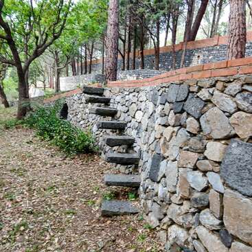 A stone retaining wall with stone steps leads upward through a wooded area. Lush green trees and fallen leaves surround the serene, terraced landscape.