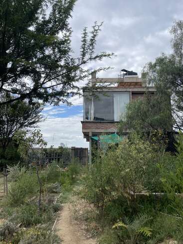 Uma casa moderna de dois andares, com grandes janelas de vidro, está cercada por plantas e árvores exuberantes sob um céu nublado, criando uma atmosfera natural e serena.