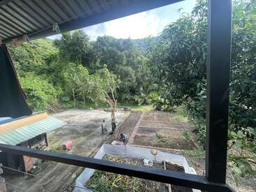 L'image montre un jardin verdoyant vu d'un balcon. Il y a des arbres, une zone dégagée, des plates-bandes, des montagnes en arrière-plan et un ciel partiellement nuageux.