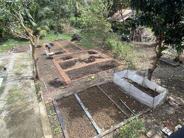 A person is working in a garden with multiple rectangular soil plots. The area is surrounded by trees and lush greenery, creating a peaceful environment.