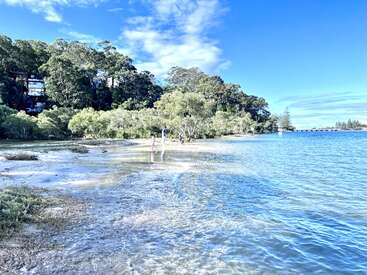 Sunlit beach with clear blue water, trees and lush greenery, people wading in the shallow water, buildings among the trees, and a bright, cloud-streaked sky.