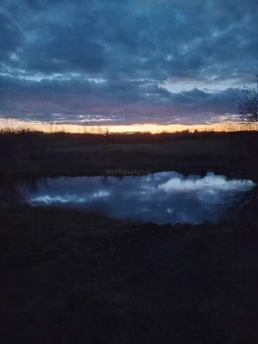 A serene twilight scene with a reflective pond, dark grassy landscape, and dramatic clouds hanging in the sky as the sun sets, creating a peaceful atmosphere.