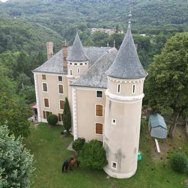 The image depicts a majestic castle with two towers, set amidst a lush forest, featuring a horse grazing in the foreground and a serene mountainous backdrop.