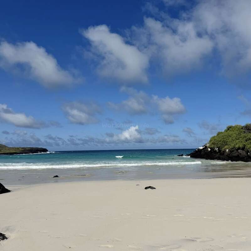 A beautiful sandy beach with clear turquoise water, surrounded by green rocky cliffs under a bright blue sky scattered with fluffy white clouds on a sunny day.