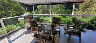 Eine gemütliche überdachte Terrasse mit blumengepolsterten Holzstühlen, einem Holztisch, einem Edelstahlgrill, üppigen grünen Bäumen und hellem Tageslicht schafft eine entspannte Atmosphäre.