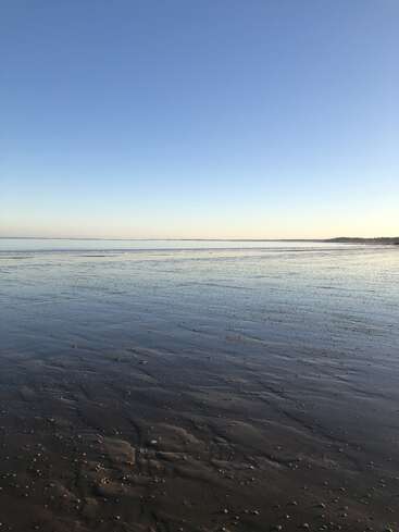 A imagem mostra uma cena de praia serena na maré baixa, com areia molhada estendendo-se até a água calma e rasa sob um céu azul claro e amplo. Atmosfera tranquila.