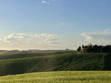 Des collines verdoyantes s'étendent sur le paysage sous un ciel d'un bleu éclatant. Des nuages bouffis flottent au-dessus, des arbres et une ferme lointaine complètent cette scène paisible.