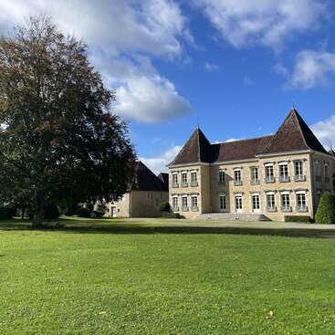 Ein prächtiges, historisches Gebäude mit steilen Dächern steht neben einer großen grünen Wiese und einem hohen Baum unter einem strahlend blauen Himmel voller weißer Wolken.